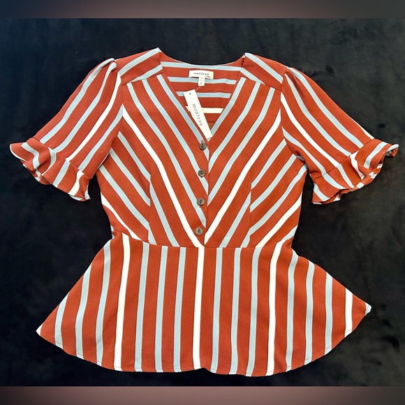 NWT! Rust Striped Fluted Sleeve Peplum Blouse - Picture 4 of 5